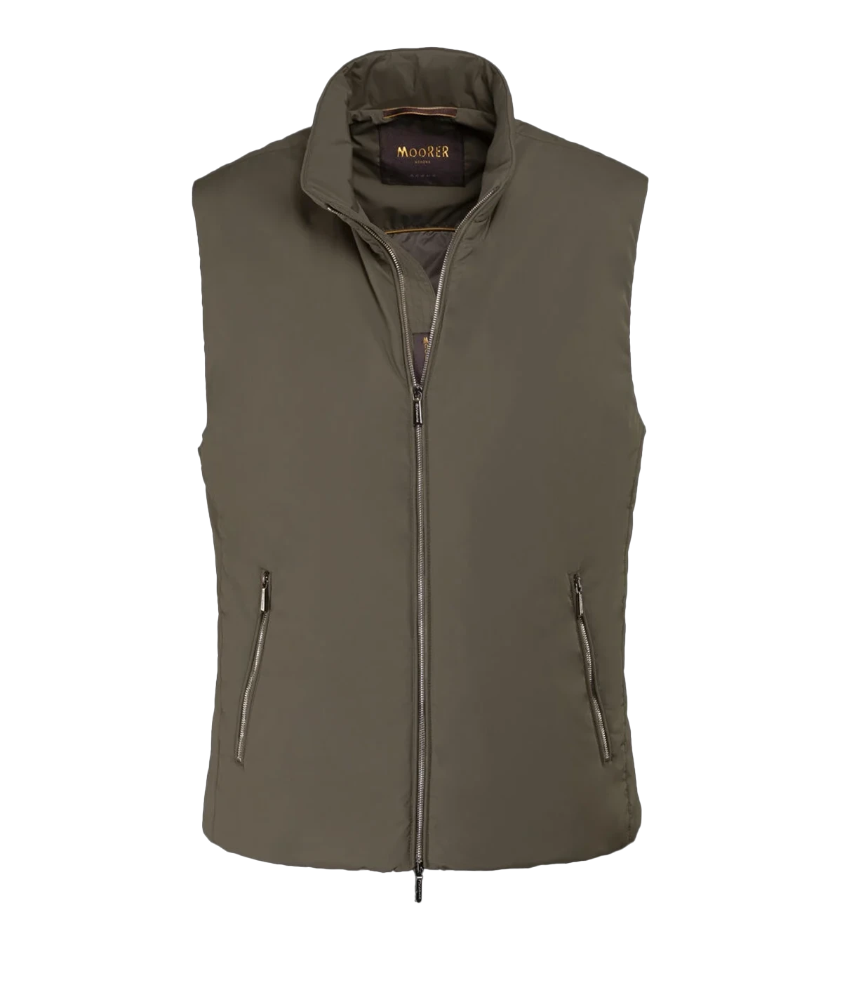 Senio Vest in Army Green by MooRER, featuring water-repellent lightweight fabric, synthetic feather-effect padding, double-zip front closure, and zippered pockets. Made in Italy.