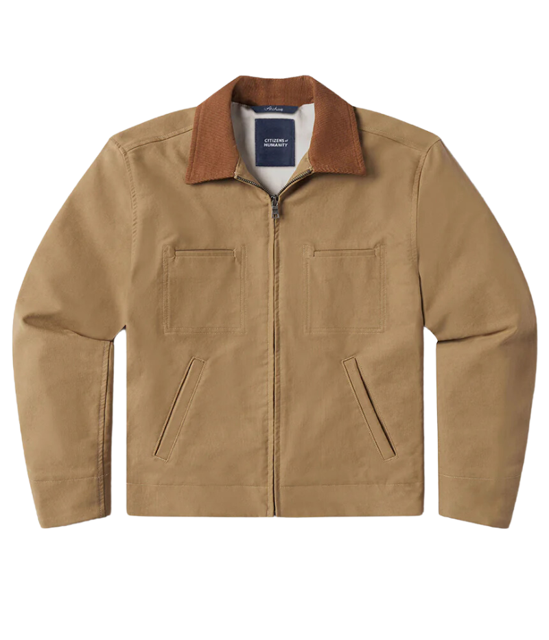 Khaki service jacket with corduroy collar and on-seam pockets, made from heavyweight bedford twill fabric for durability and a stylish, timeless look.