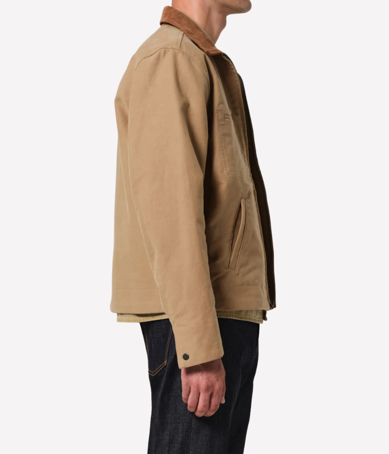 Khaki service jacket with corduroy collar and on-seam pockets, made from heavyweight bedford twill fabric for durability and a stylish, timeless look.