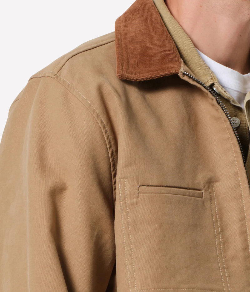 Khaki service jacket with corduroy collar and on-seam pockets, made from heavyweight bedford twill fabric for durability and a stylish, timeless look.