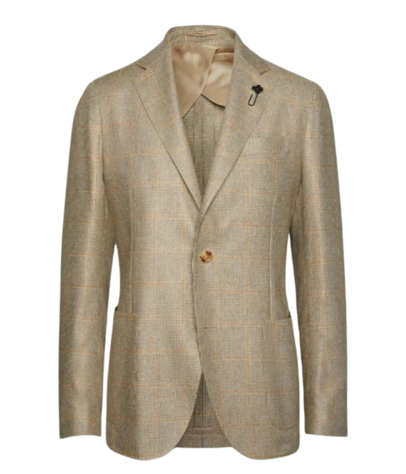 Beige Lardini silk jacket featuring a subtle check pattern, two-button closure, notch lapels with the signature Lardini floral pin, patch pockets, and soft tailoring for a lightweight, relaxed fit.