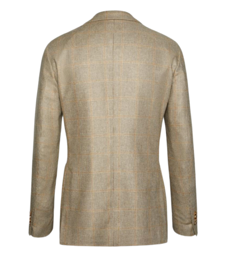 Beige Lardini silk jacket featuring a subtle check pattern, two-button closure, notch lapels with the signature Lardini floral pin, patch pockets, and soft tailoring for a lightweight, relaxed fit.