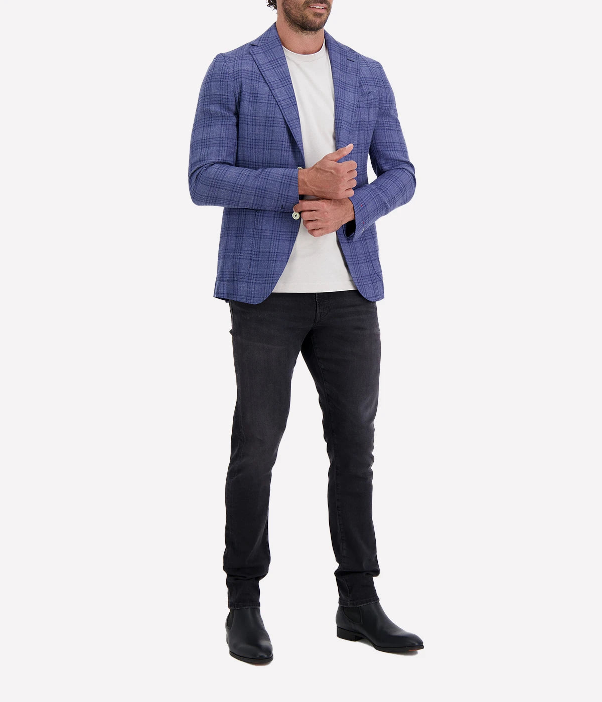 Eleventy Single-Breasted Soft Suit Jacket in blue plaid pattern, featuring a relaxed, modern fit with soft tailoring, ideal for spring events like racing or casual office wear.