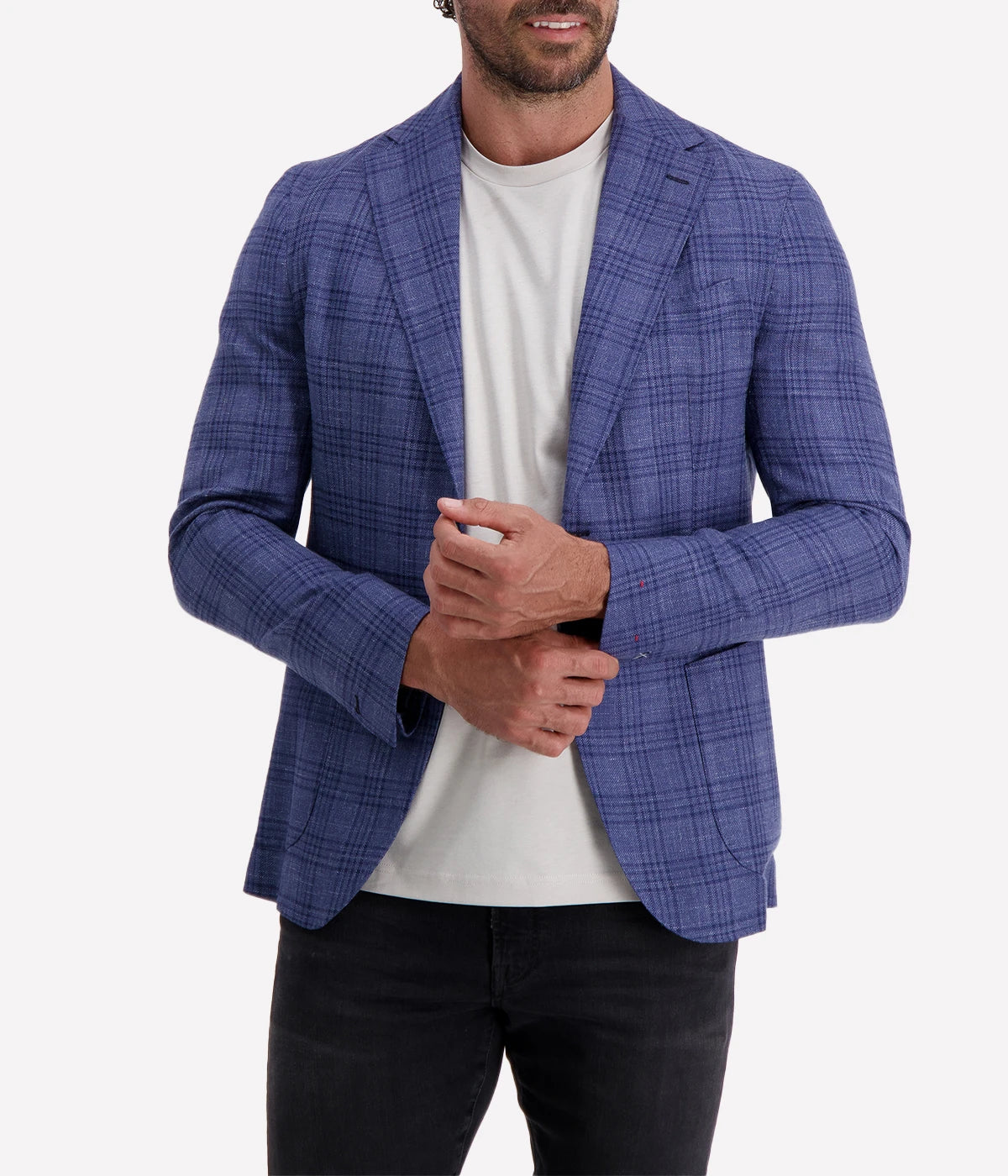 Eleventy Single-Breasted Soft Suit Jacket in blue plaid pattern, featuring a relaxed, modern fit with soft tailoring, ideal for spring events like racing or casual office wear.