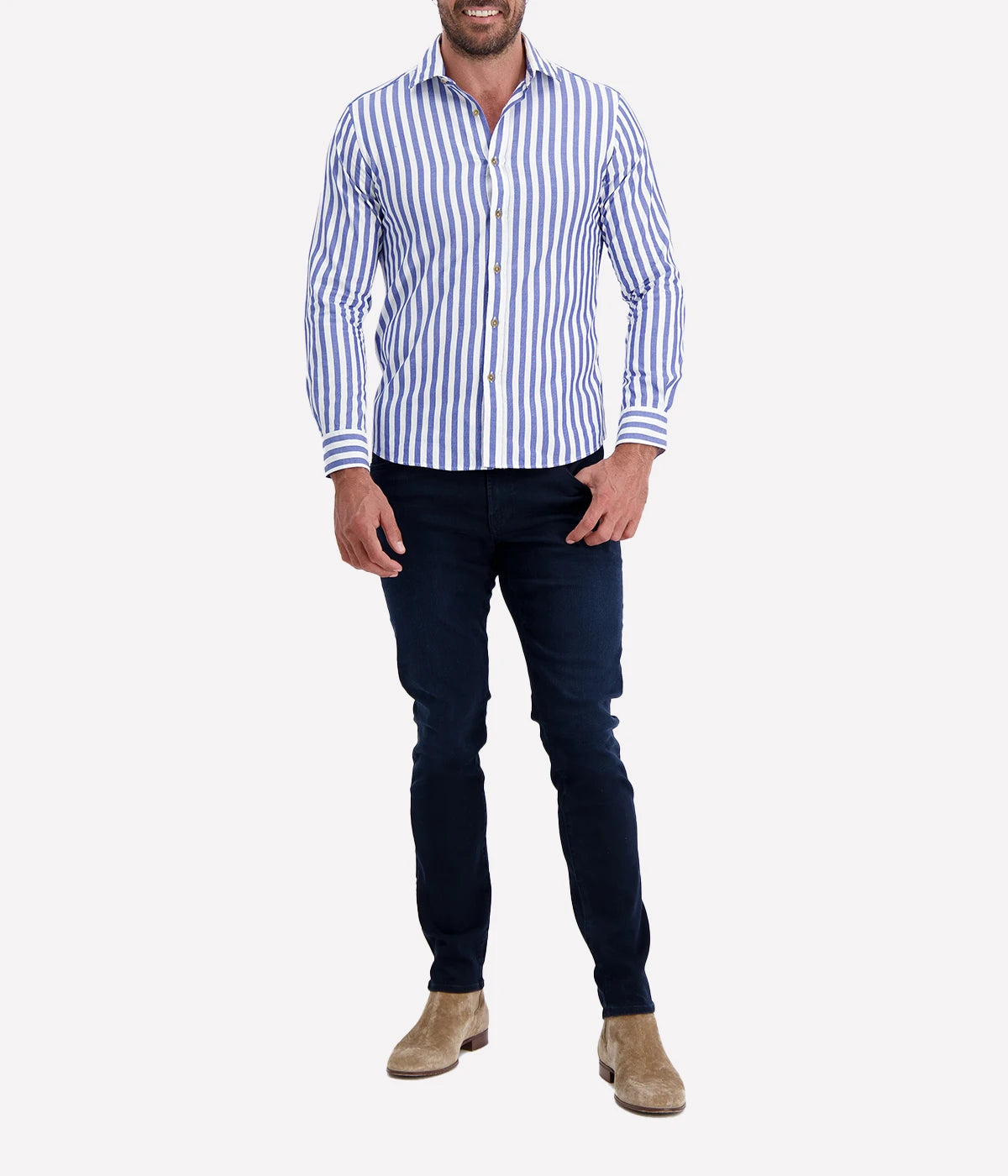 Ingram Slim Shirt with a blue stripe, expertly tailored for a sleek fit. A versatile men's shirt crafted from premium fabric, perfect for both professional and casual occasions.