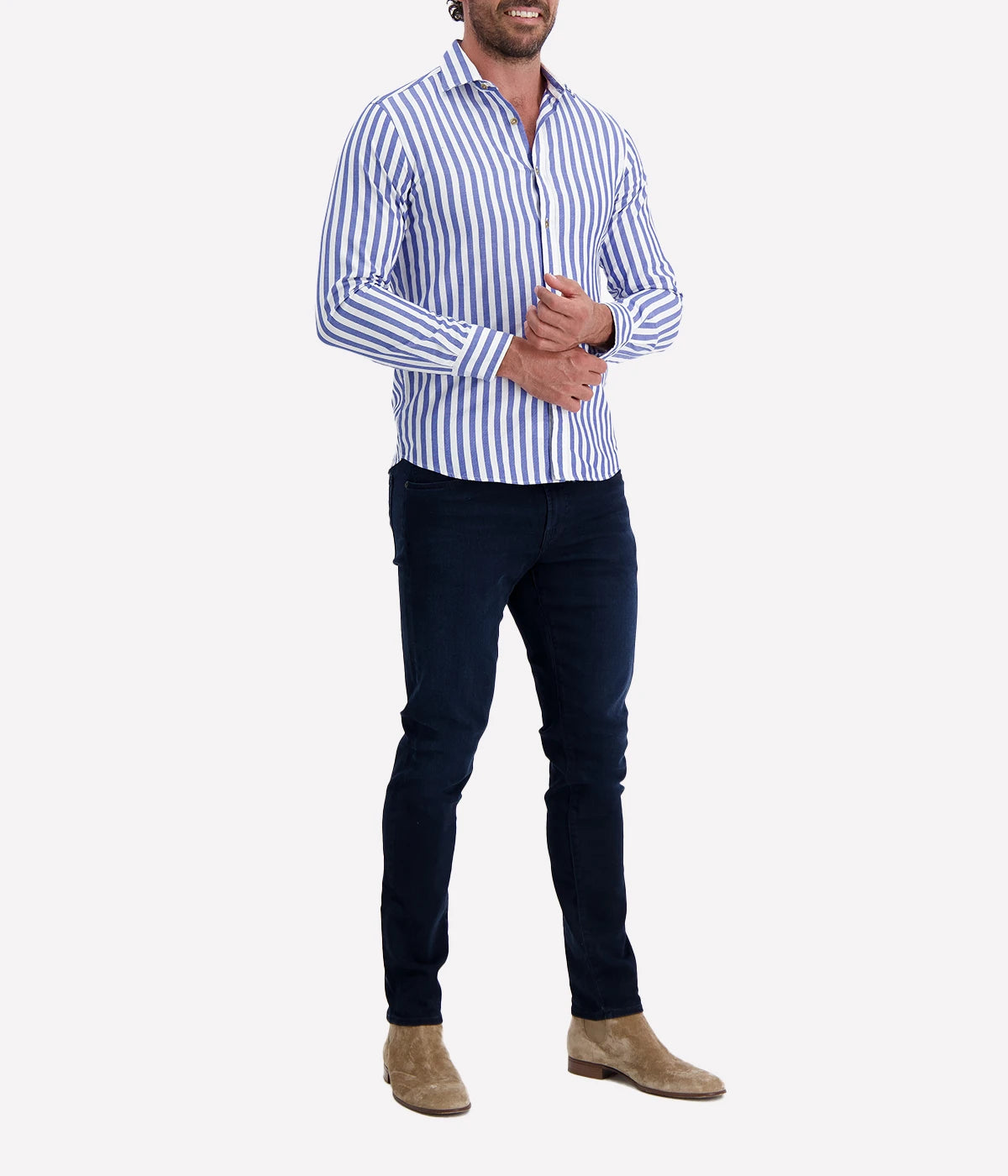 Ingram Slim Shirt with a blue stripe, expertly tailored for a sleek fit. A versatile men's shirt crafted from premium fabric, perfect for both professional and casual occasions.