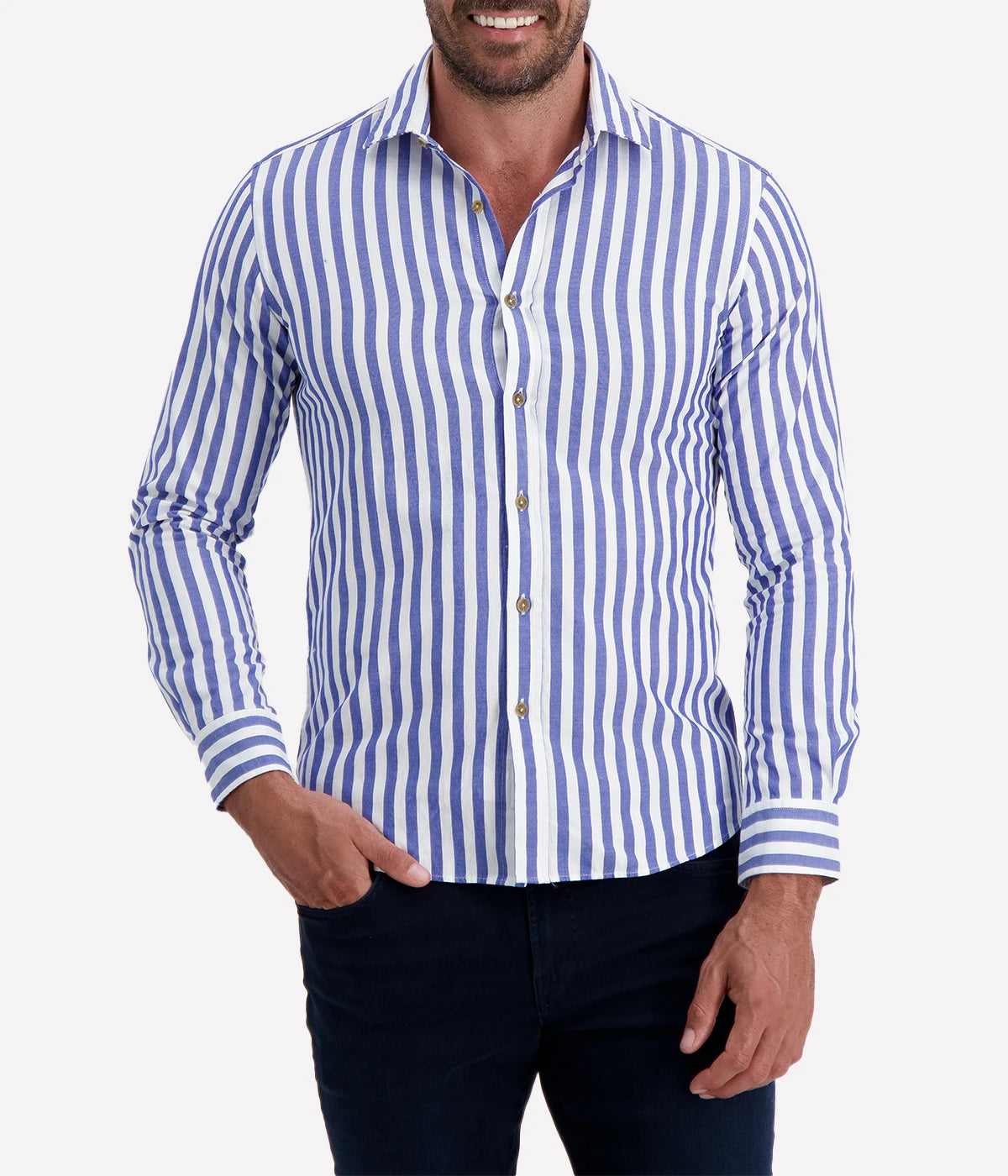 Ingram Slim Shirt with a blue stripe, expertly tailored for a sleek fit. A versatile men's shirt crafted from premium fabric, perfect for both professional and casual occasions.