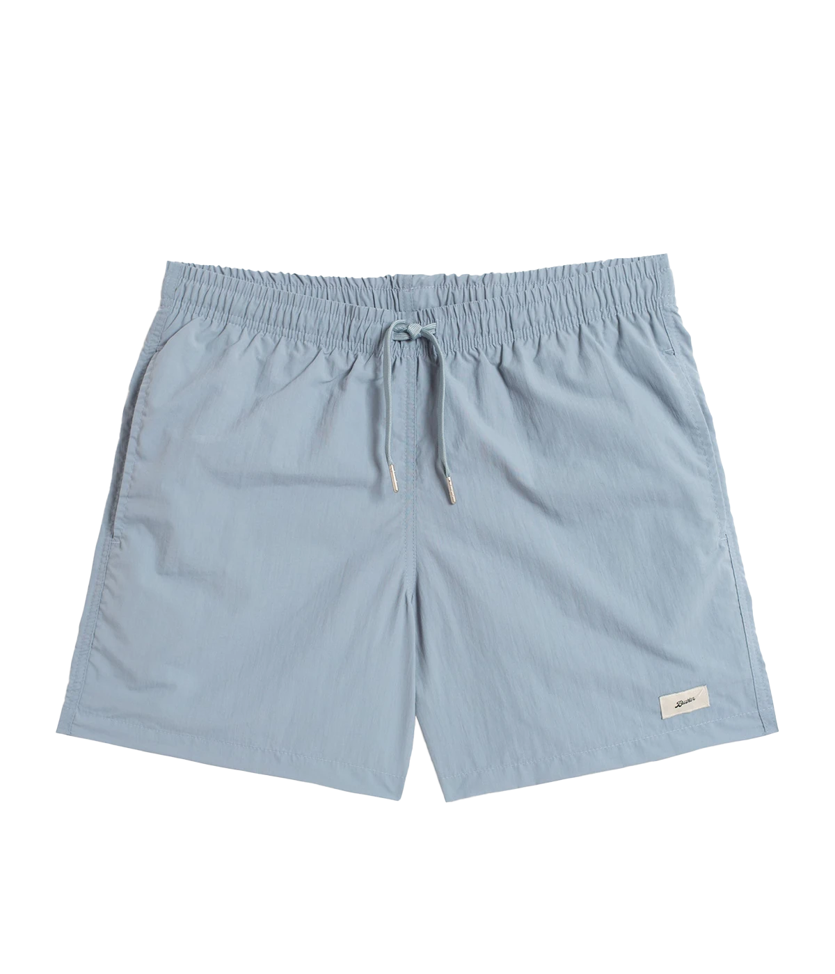 Front view of Bather solid swim trunks, featuring a 5.5-inch inseam and an elasticized waist for a secure and comfortable fit. Made from 100% recycled quick-dry polyester, the trunks are designed with reinforced side pockets and a back pocket with a snap closure.