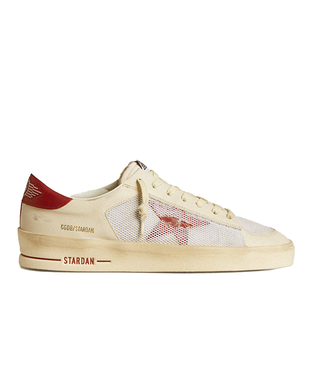 Golden Goose Stardan Sneaker in White and Red, featuring a suede and leather upper with red leather toe and star details. The sneakers have a leather heel, rubber sole for durability, and a breathable lining for comfort, offering a bold, stylish look.