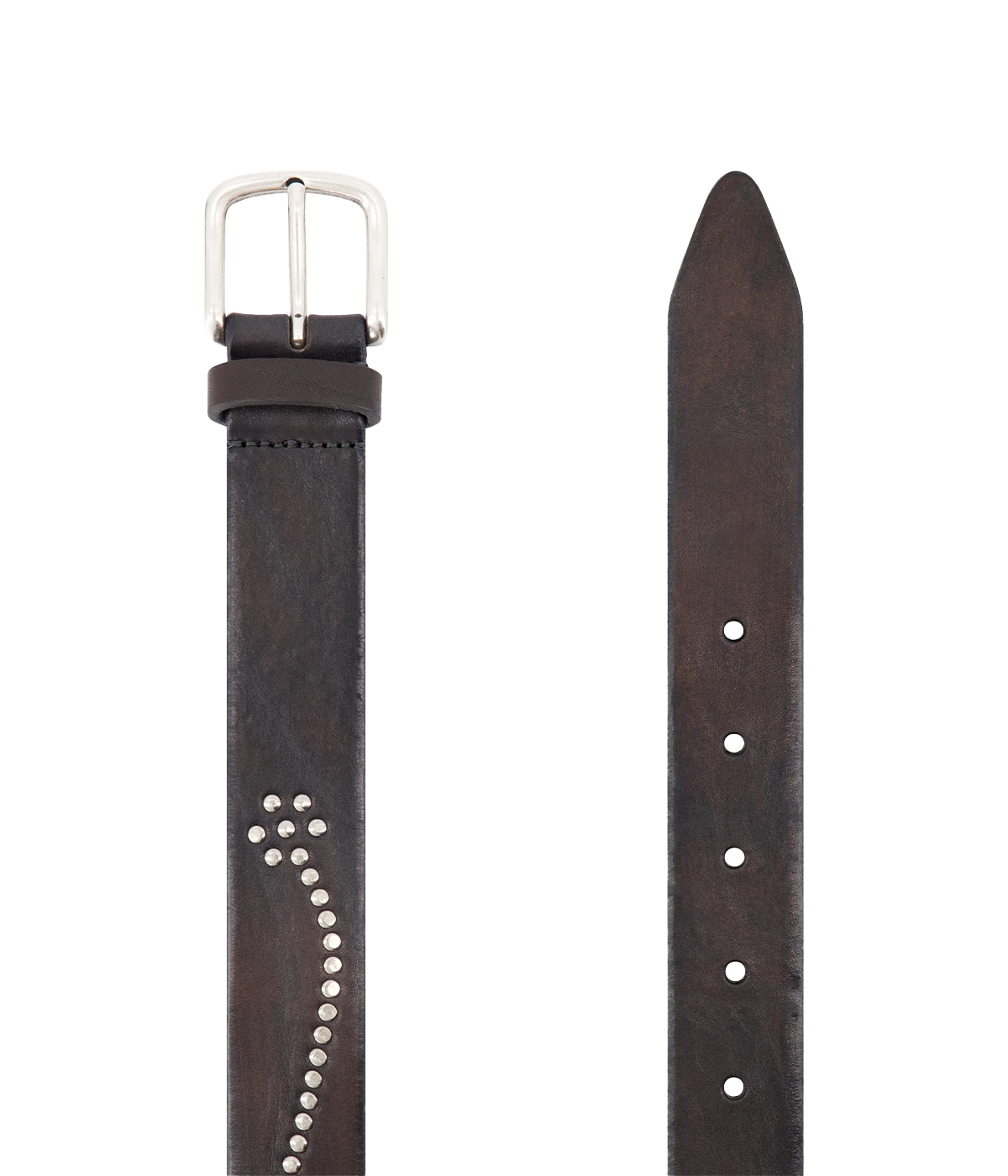 Close-up of a black studded leather belt featuring a premium leather strap with evenly spaced metal studs and a sturdy buckle. A bold accessory that adds an edgy touch to any outfit.