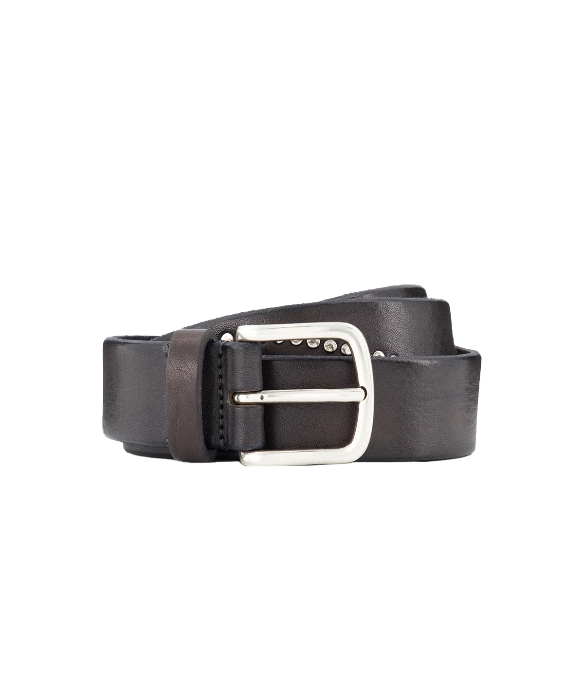 Close-up of a black studded leather belt featuring a premium leather strap with evenly spaced metal studs and a sturdy buckle. A bold accessory that adds an edgy touch to any outfit.