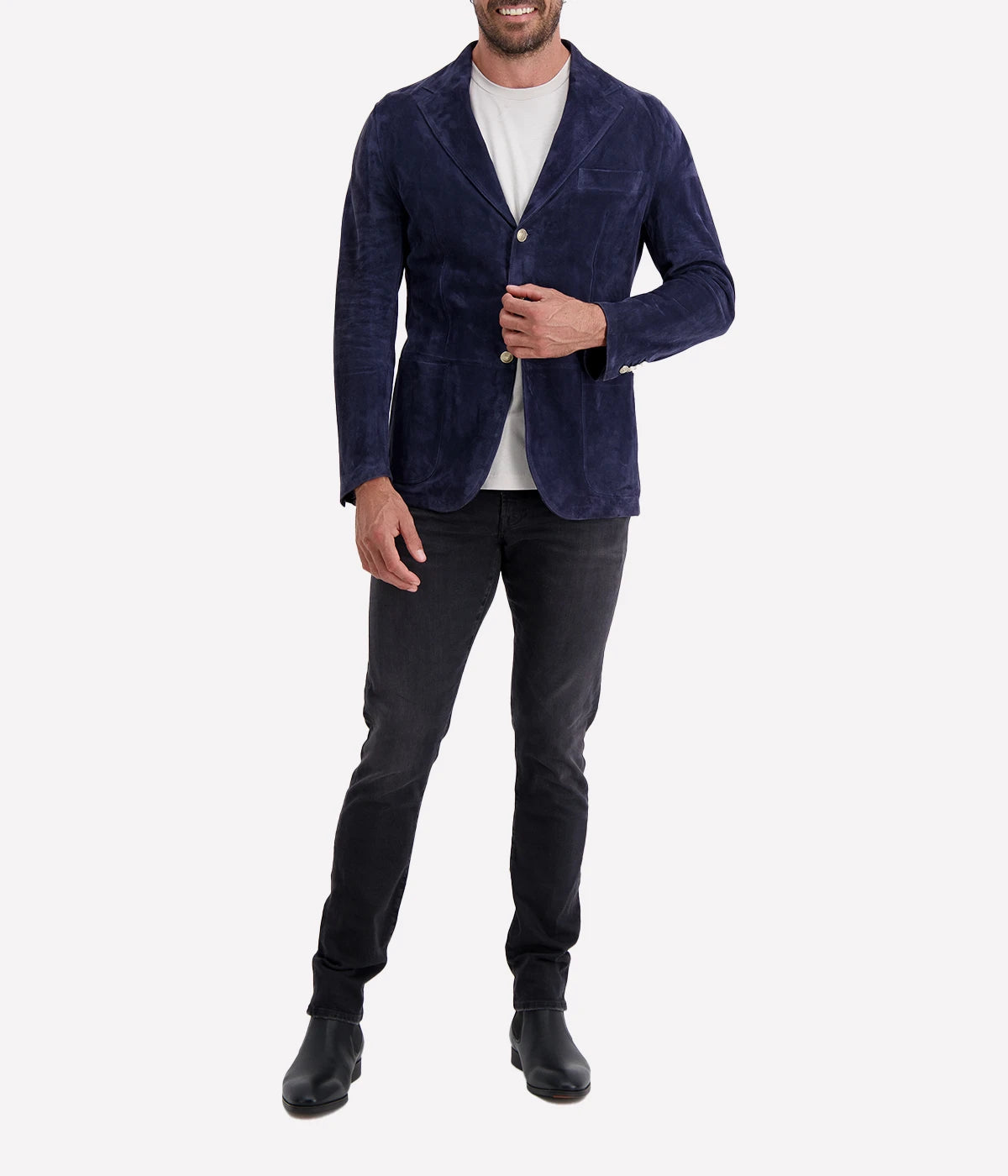 Eleventy Suede Blazer in navy blue, a sophisticated tailored jacket crafted from luxurious suede. Single-breasted design with a tailored fit and a soft, rich texture. Ideal for both casual and dressier occasions. Made in Italy.