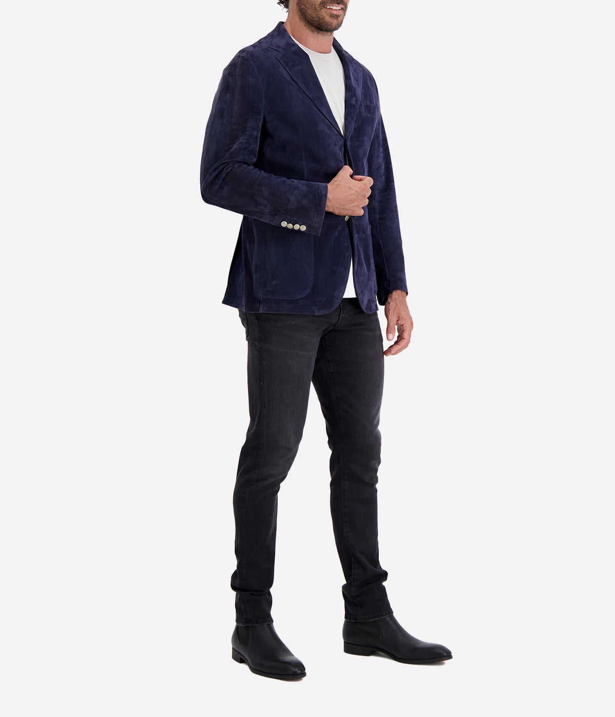 Eleventy Suede Blazer in navy blue, a sophisticated tailored jacket crafted from luxurious suede. Single-breasted design with a tailored fit and a soft, rich texture. Ideal for both casual and dressier occasions. Made in Italy.