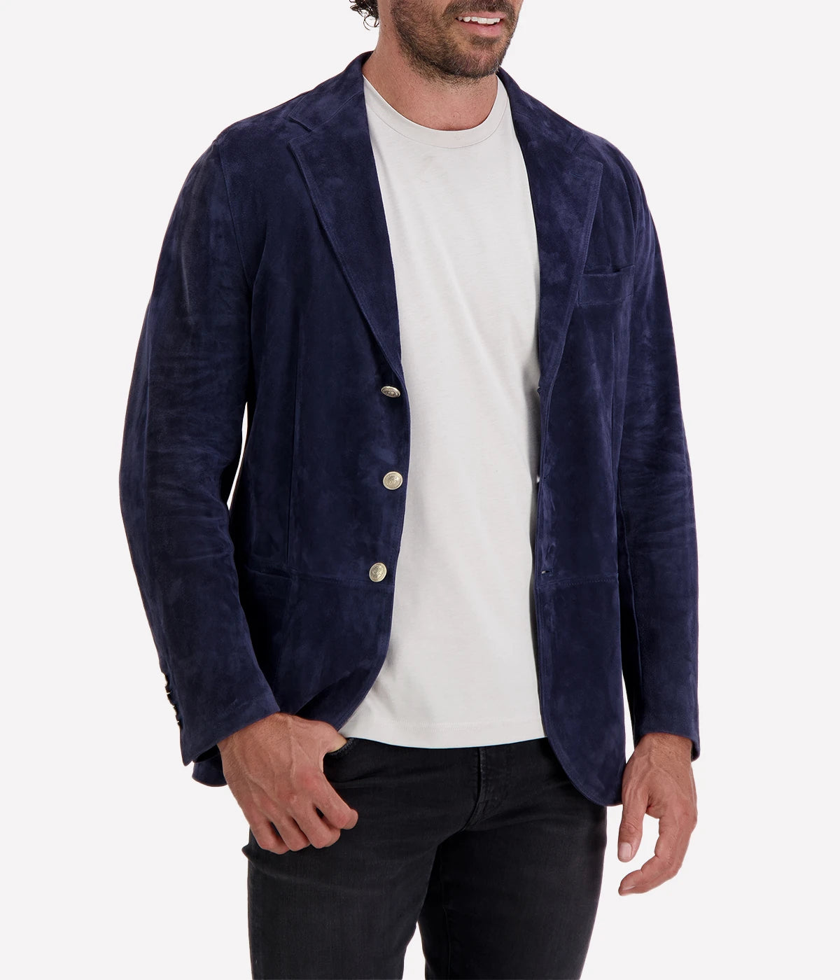 Eleventy Suede Blazer in navy blue, a sophisticated tailored jacket crafted from luxurious suede. Single-breasted design with a tailored fit and a soft, rich texture. Ideal for both casual and dressier occasions. Made in Italy.