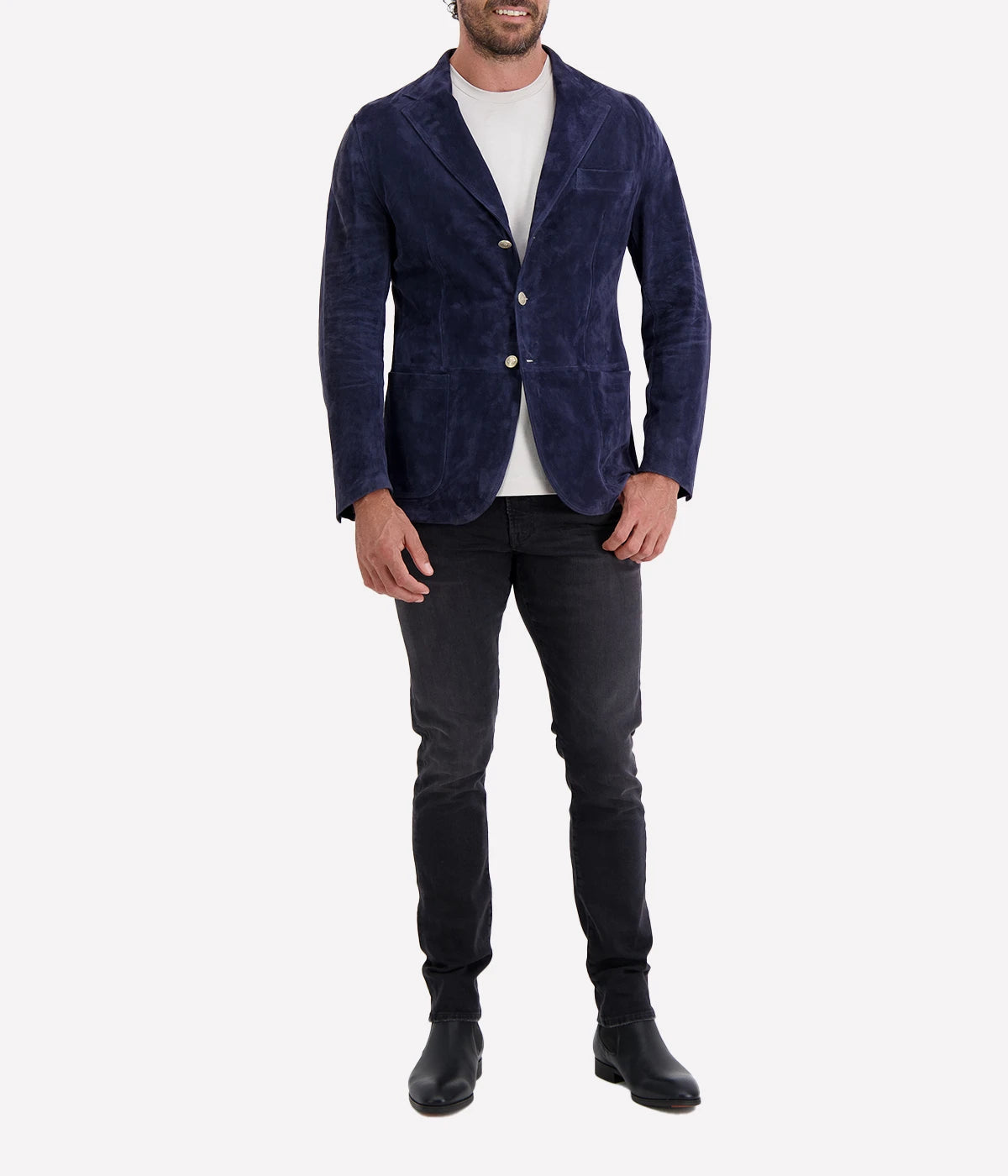 Eleventy Suede Blazer in navy blue, a sophisticated tailored jacket crafted from luxurious suede. Single-breasted design with a tailored fit and a soft, rich texture. Ideal for both casual and dressier occasions. Made in Italy.