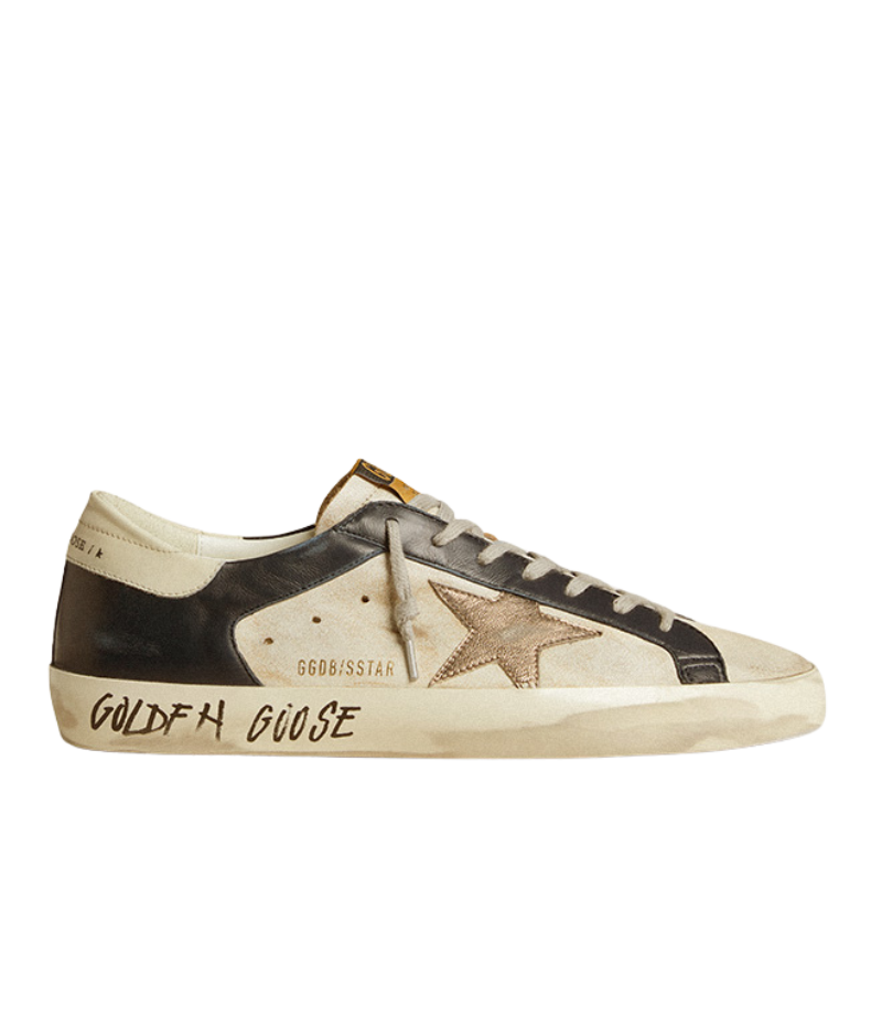 Golden Goose 'Super-Star Double Quarter With' sneakers in gray, featuring black and white accents and a brown leather star. The distressed leather gives them a worn-in, vintage feel, with gray laces and "SUPER-STAR" on the insole. Finished with a durable rubber sole for all-day comfort.