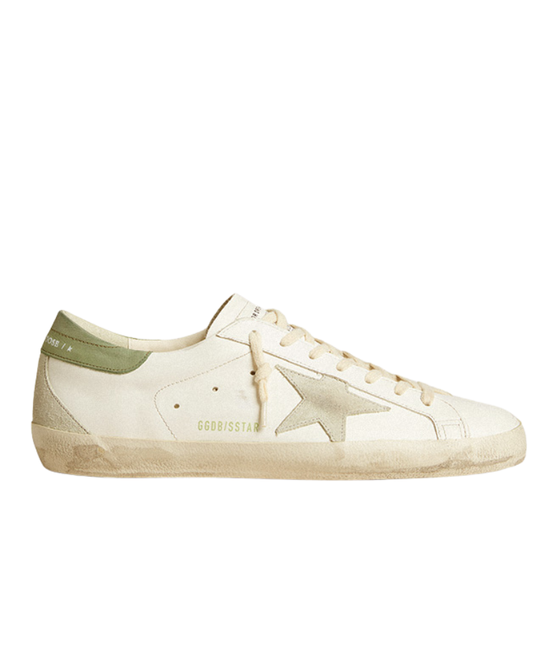 Golden Goose Super Star Sneaker in White and Green Ice, crafted from premium leather with a suede star and Nabuk heel. Featuring a fresh white and green colourway and a durable rubber sole, these sneakers combine luxury craftsmanship with casual, everyday style.