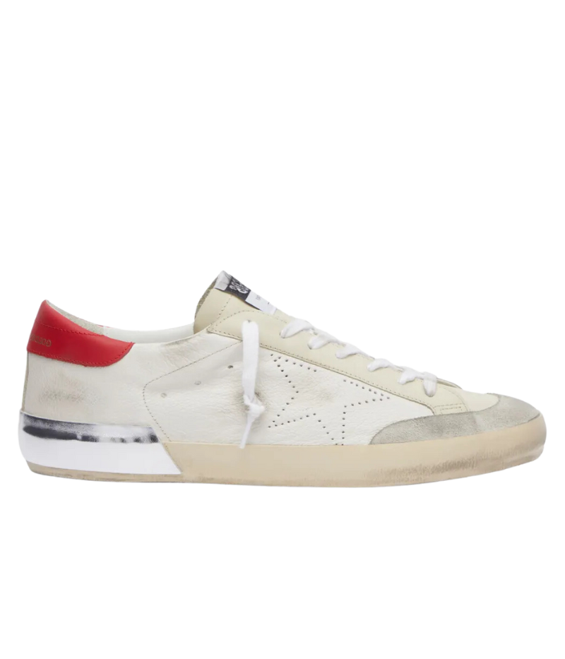 Side profile of Golden Goose Super-Star Sneaker in red and silver, showcasing the handcrafted scuffs and iconic perforated star detail that give a lived-in feel.