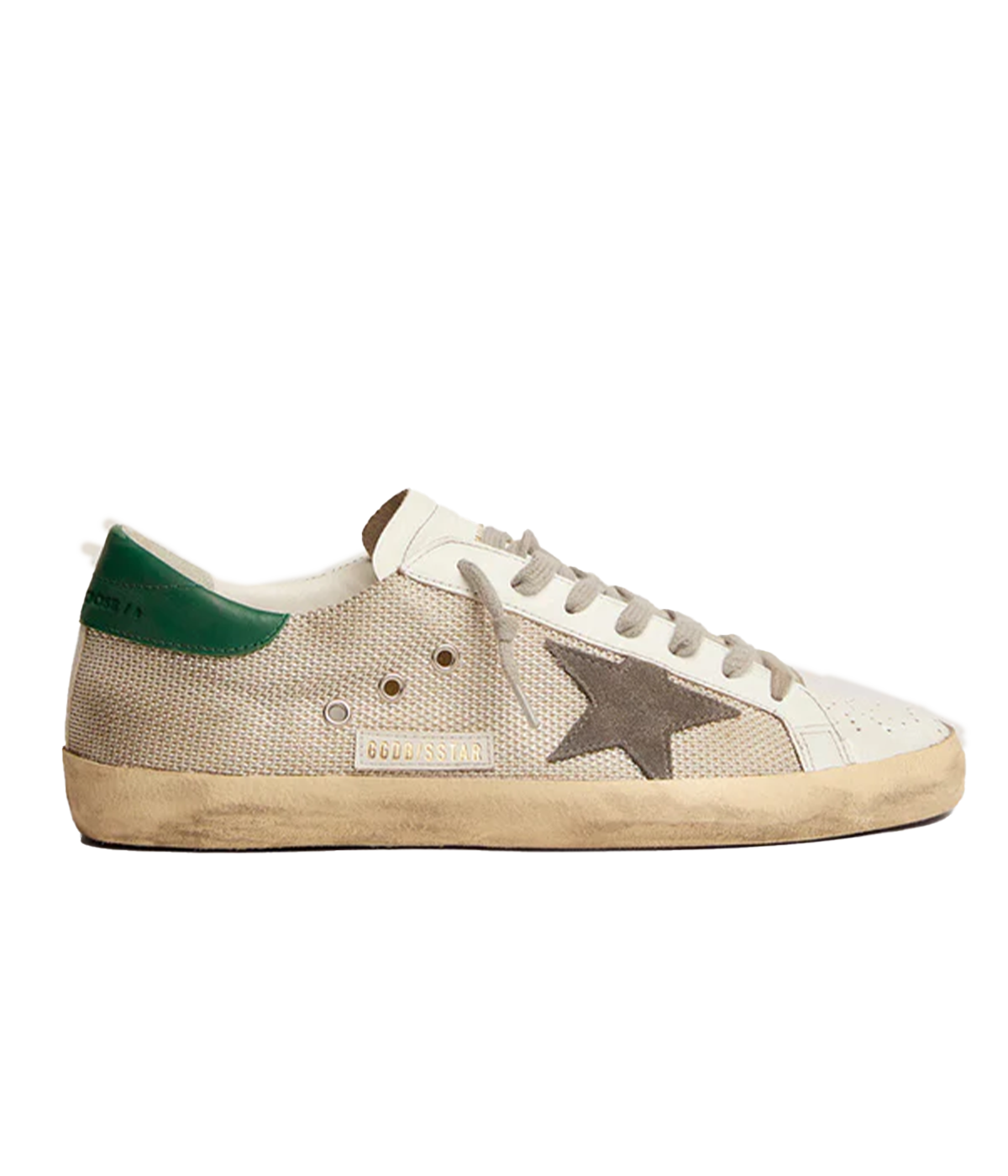 Side profile of the Golden Goose Super-Star Sneaker in Silver and Basalto, featuring the signature suede star and contrasting leather heel for a bold, streetwear-inspired style.