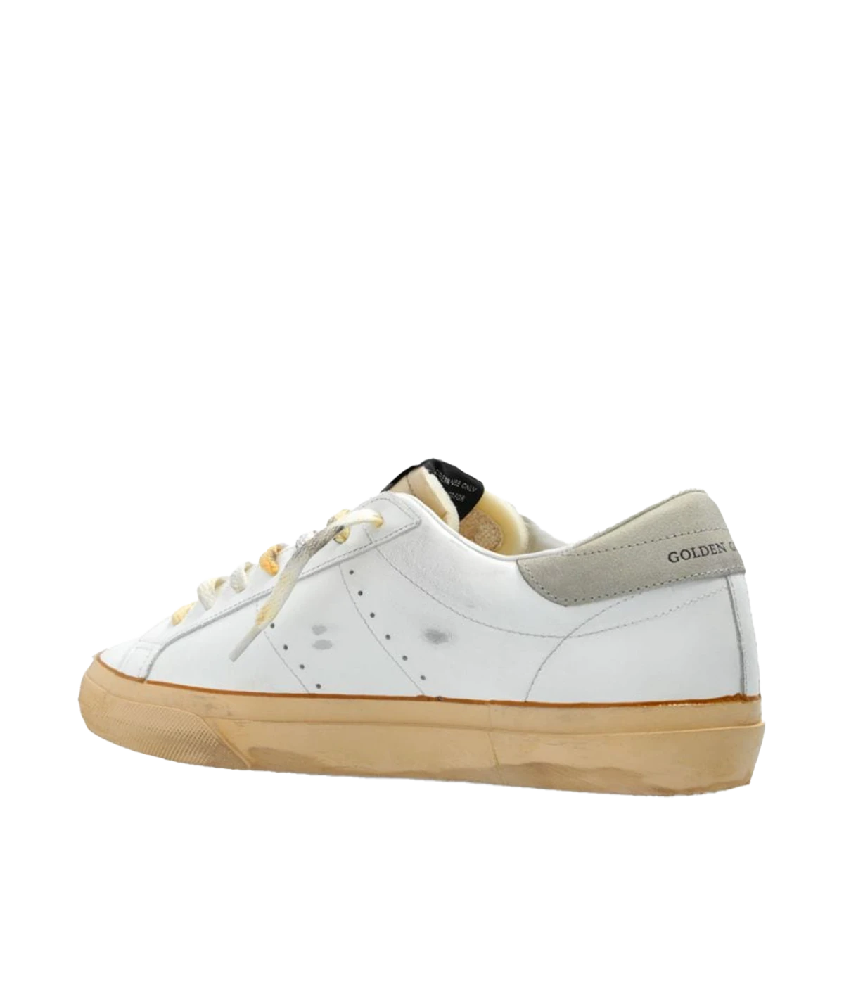 Back view of the Golden Goose Super Star Sneakers, highlighting the contrast leather heel tab and worn-in rubber sole for a distinctive, vintage-inspired finish.