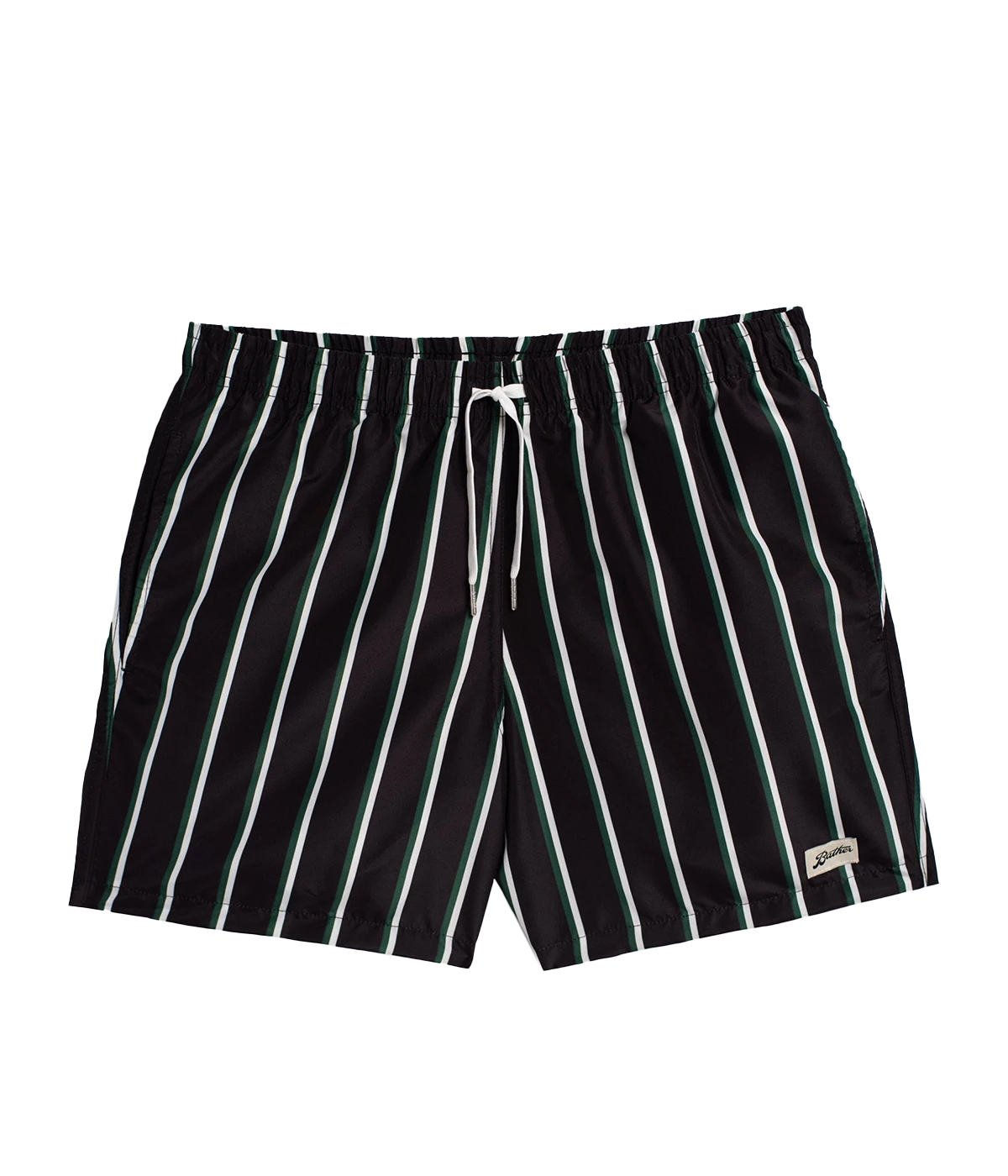 Front view of Bather solid swim trunks, featuring a 5.5-inch inseam and an elasticized waist for a secure and comfortable fit. Made from 100% recycled quick-dry polyester, the trunks are designed with reinforced side pockets and a back pocket with a snap closure.