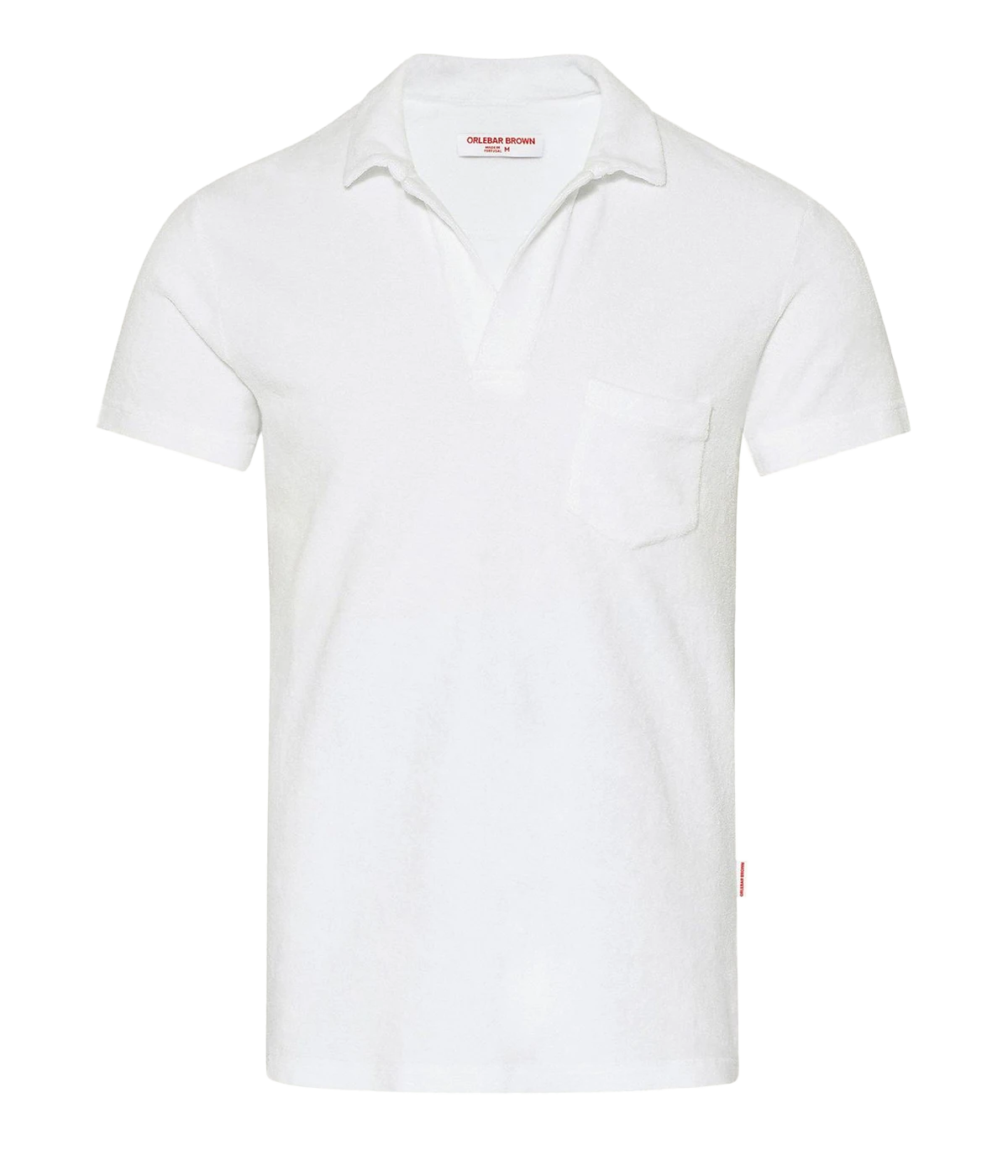 White terry towelling polo by Orlebar Brown, featuring a soft and breezy fabric with a stylish open placket. The tailored fit ensures comfort without being too snug, making it the perfect casual yet polished piece. Pair it with Orlebar Brown swim shorts for a complete holiday look. Made from 100% terry towelling cotton.