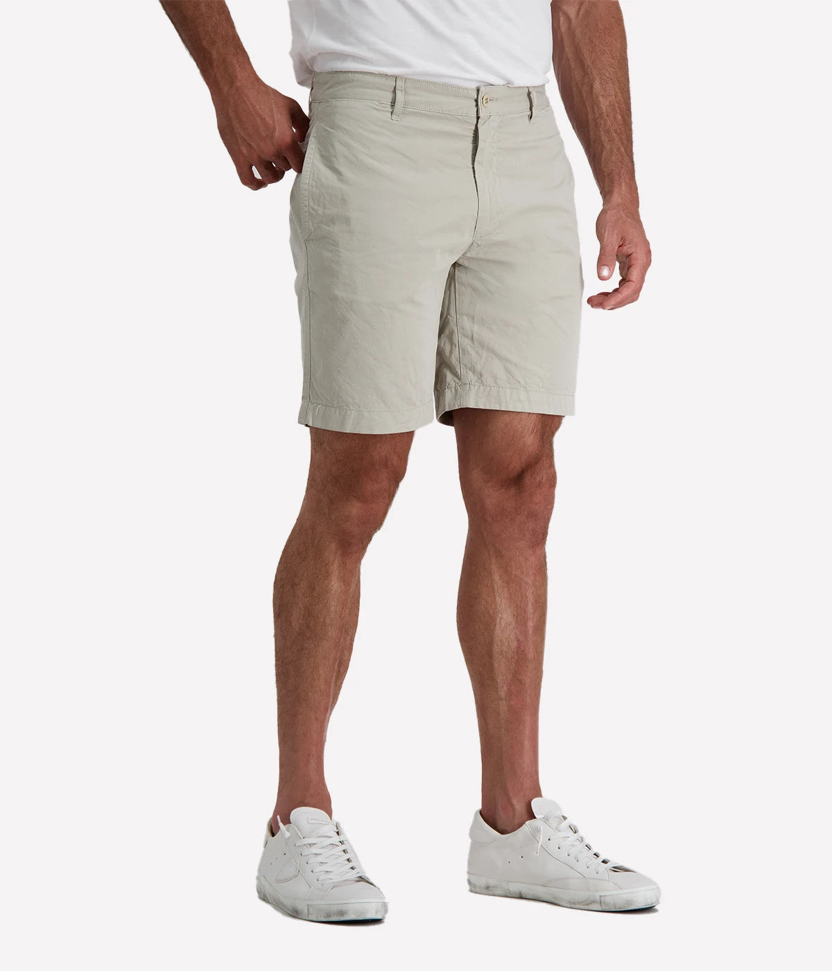 Hartford Texas Woven Shorts in Pebble, 100% cotton chino shorts with zip fly, belt loops, and five-pocket design. Lightweight, breathable, and perfect for summer style. Machine washable.