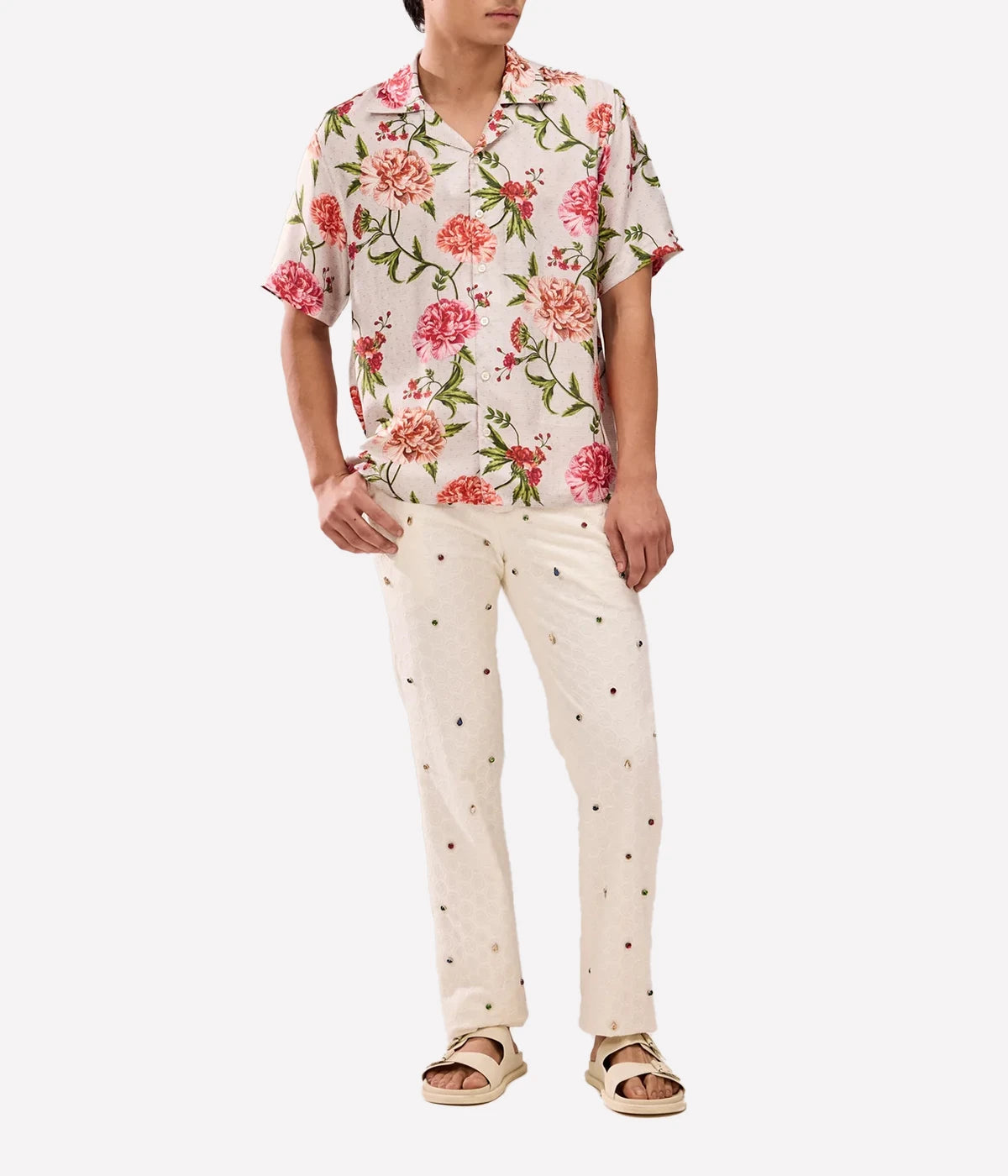 Perte D’ego Turks and Caicos silk shirt with a Cuban collar, all-over vintage-inspired print, relaxed fit, and Mother of Pearl buttons. Made from 100% silk twill for a smooth, lightweight feel.