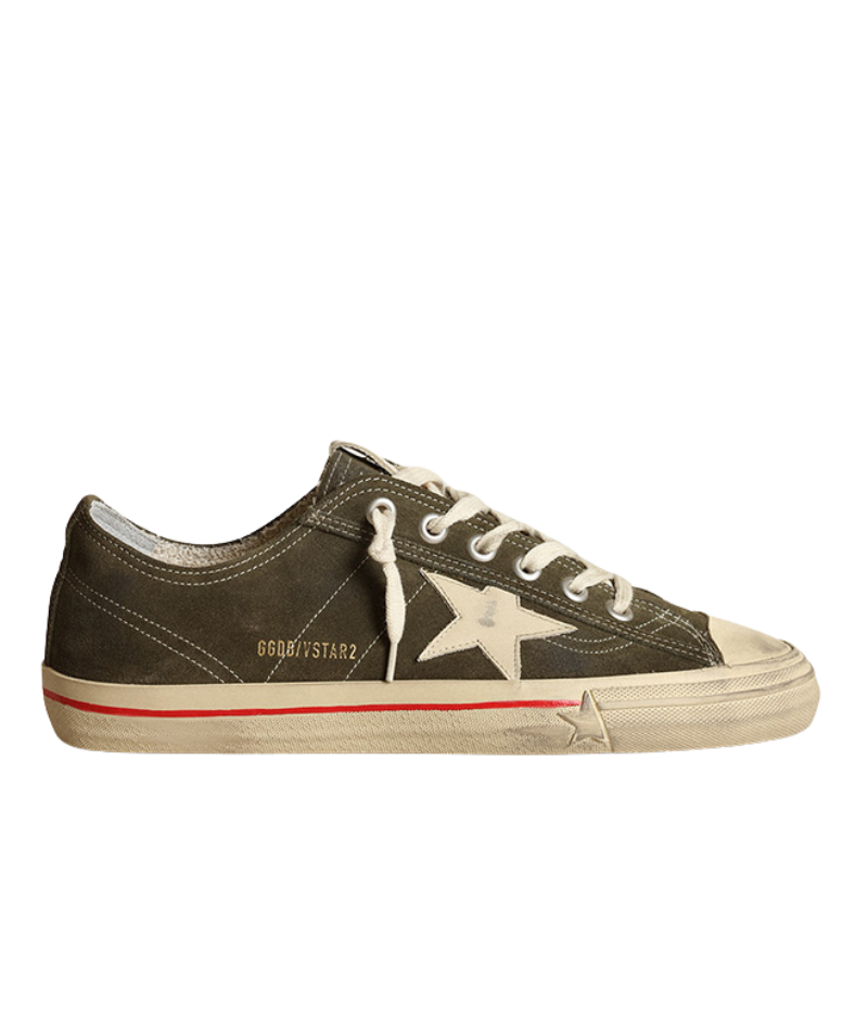 Golden Goose V Star Sneaker in Dark Green and Ivory, featuring a premium suede upper, rubber toe cap, and signature leather star detail. The rich green and ivory colourway adds a modern edge, while the rubber sole and soft leather-cotton lining provide lasting comfort and breathability.