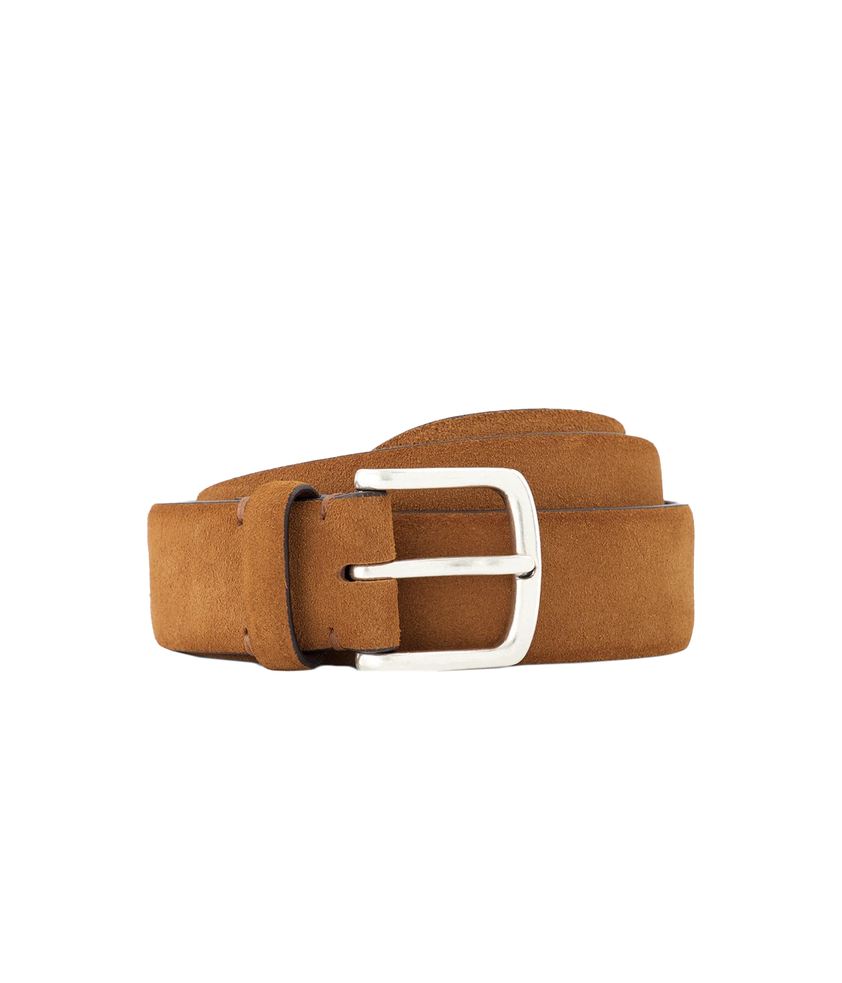 Men’s chocolate velour leather belt with sleek silver hardware, offering a soft matte texture and versatile design for both tailored and casual looks.