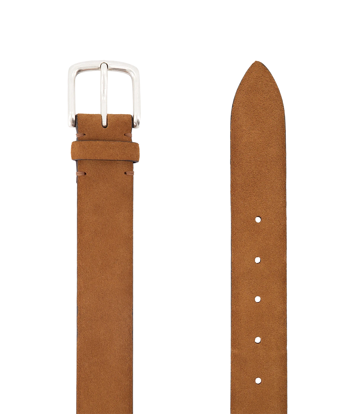 Men’s chocolate velour leather belt with sleek silver hardware, offering a soft matte texture and versatile design for both tailored and casual looks.