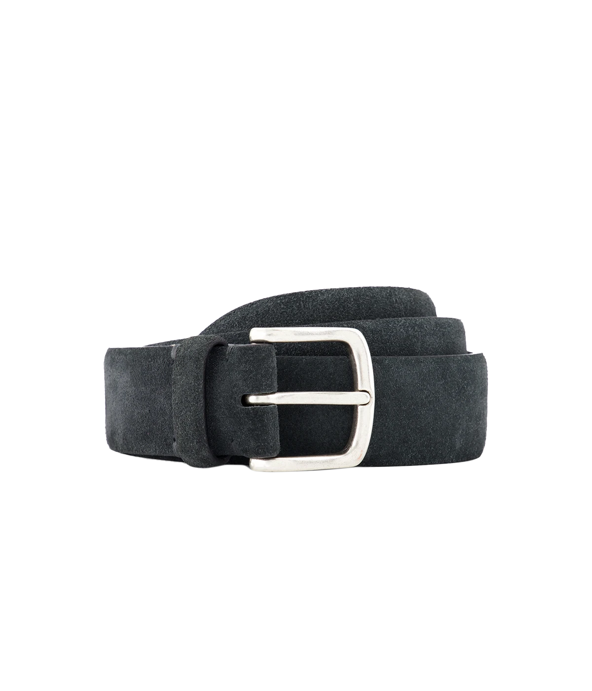 Men’s charcoal velour leather belt with silver hardware, featuring a soft matte texture and a refined, versatile design.