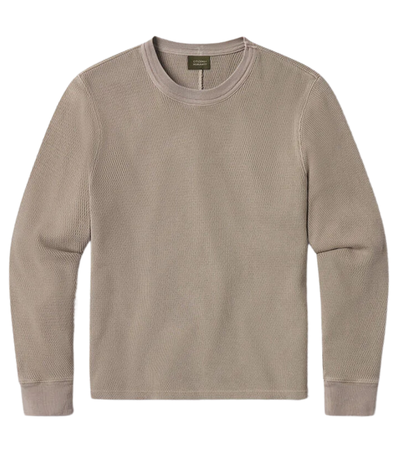 Beige waffle knit shirt made from midweight military thermal fabric, designed for ultimate comfort and style as a perfect everyday essential.