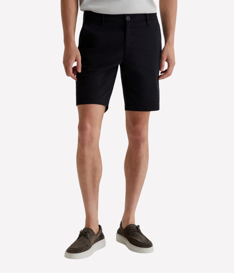 Men’s slim-fit black shorts with a clean, tailored finish, crafted from soft Brighton Sueded Sateen. Lightweight with a slight stretch for comfort, these versatile shorts are perfect for polished yet relaxed styling.