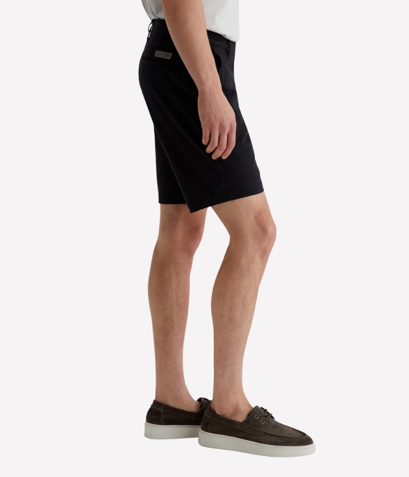 Men’s slim-fit black shorts with a clean, tailored finish, crafted from soft Brighton Sueded Sateen. Lightweight with a slight stretch for comfort, these versatile shorts are perfect for polished yet relaxed styling.