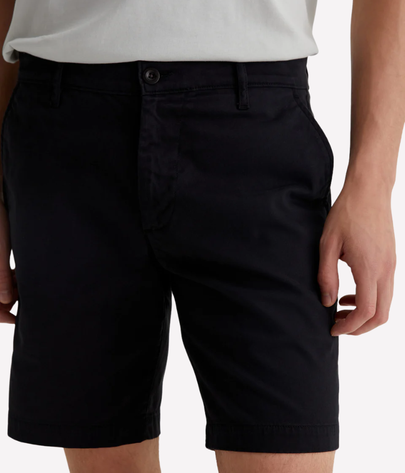 Men’s slim-fit black shorts with a clean, tailored finish, crafted from soft Brighton Sueded Sateen. Lightweight with a slight stretch for comfort, these versatile shorts are perfect for polished yet relaxed styling.