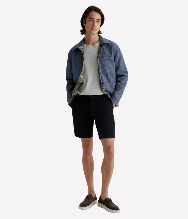 Men’s slim-fit black shorts with a clean, tailored finish, crafted from soft Brighton Sueded Sateen. Lightweight with a slight stretch for comfort, these versatile shorts are perfect for polished yet relaxed styling.