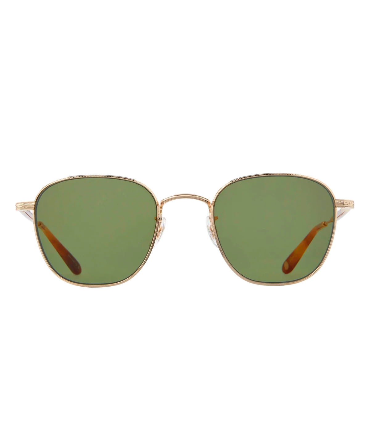 Sleek square sunglasses with a coin-edge pattern on the EyeWire, made from lightweight stainless steel and acetate temple tips. Featuring adjustable nose pads and semi-flat green CR39 lenses with UV protection and anti-reflective coating. Stylish and comfortable.