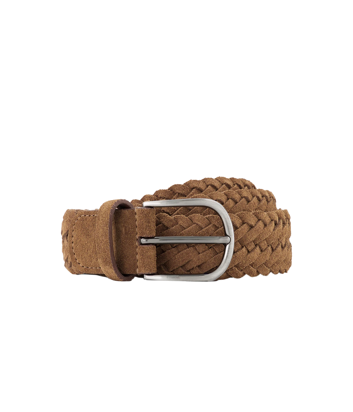 Anderson’s caramel woven suede belt, handcrafted in Italy with an intricate weave and a sleek silver buckle for a refined yet versatile look.